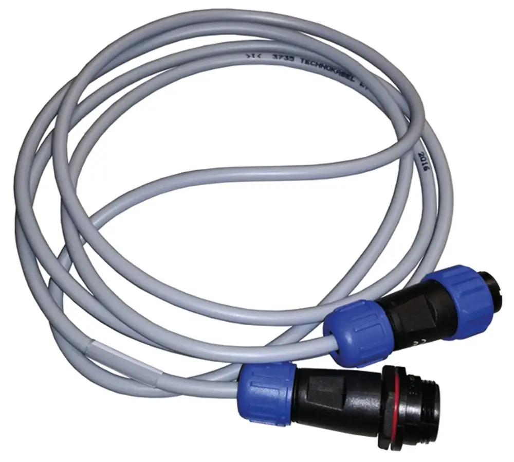 Grauern Kabel mit zwei schwarzen Steckverbindern und blauen Sicherungsringen, geeignet für die Verwendung mit Syr-Produkten zur Verbindung von Flachkabeln.